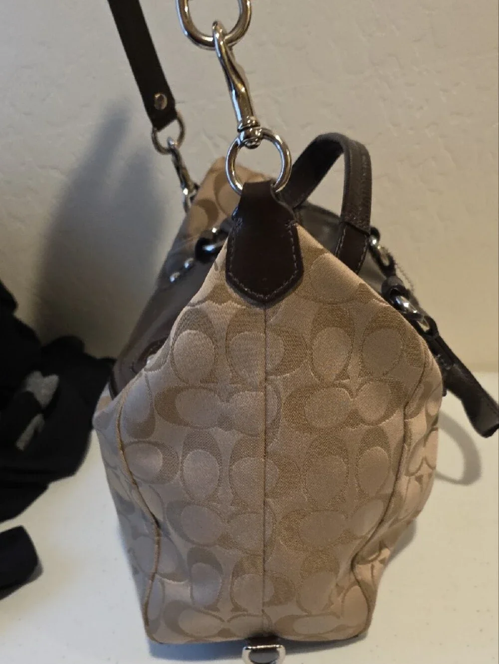 Coach Tan Signature Satchel with Dark Brown Patent Trim